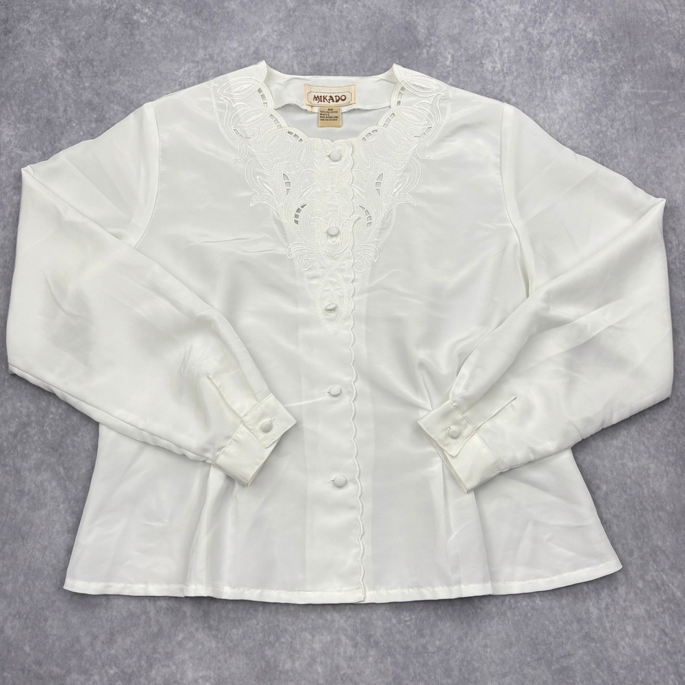 Vintage Mikado Blouse Womens 10P White Cutwork Embroidered Button Front Peplum - Picture 1 of 6